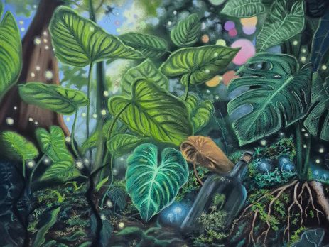 Dry pastel painting depicting a dark forest floor, dominated by large green Alocasia and Monstera leaves.