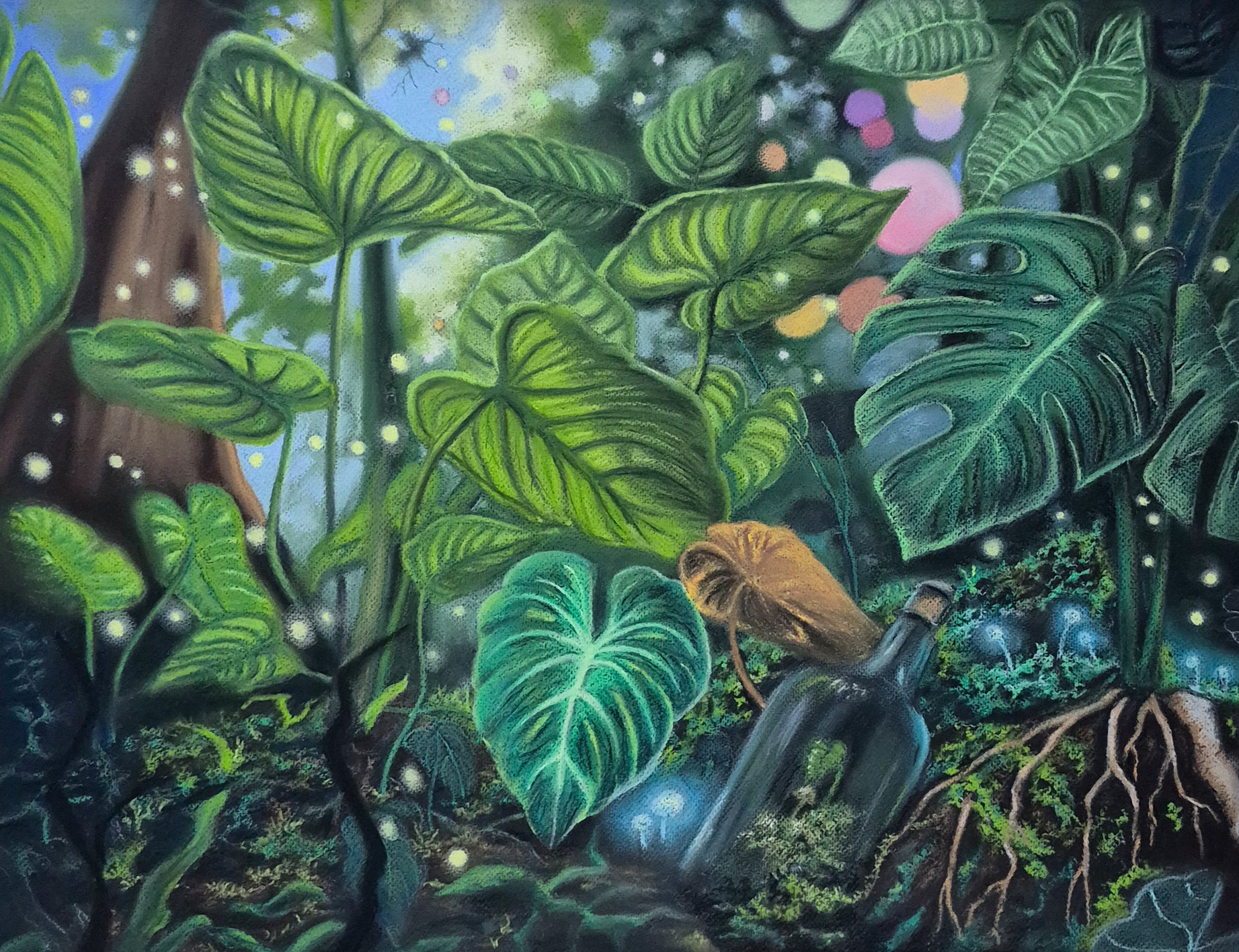 Dry pastel painting depicting a dark forest floor, dominated by large green Alocasia and Monstera leaves.